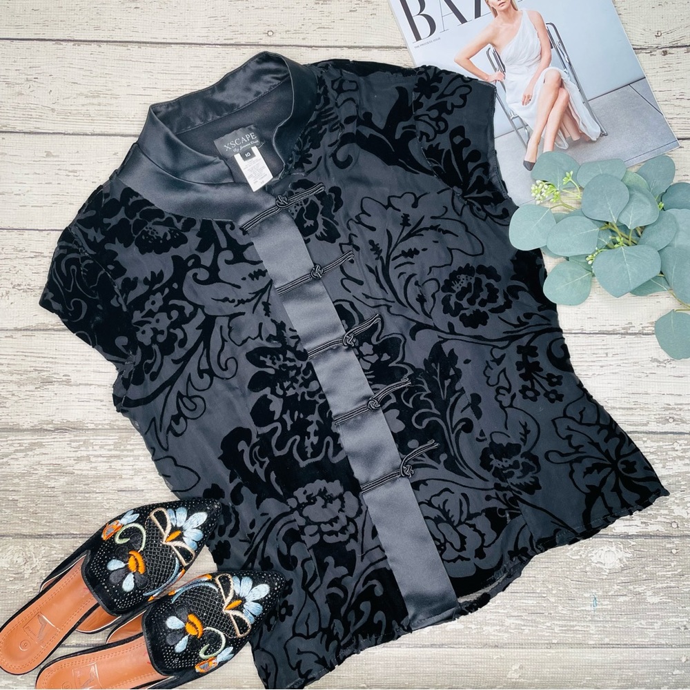 XSCAPE Joanna Chen Flocked Velvet Blouse